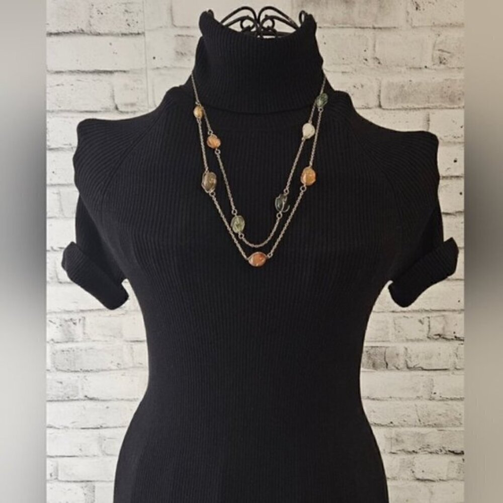 Layered Agate Style Nugget Necklace Silver Tone Boho Statement